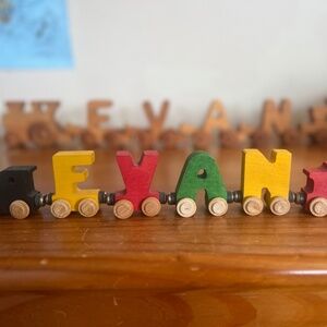 Two Custom EVAN name Wooden Train Sets (amish)